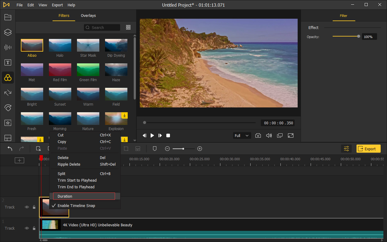 cambiar la duración del filtro o de la superposición