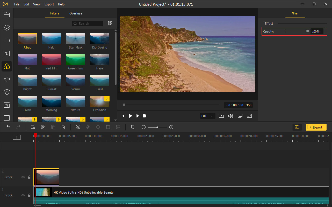 cambiar la opacidad del filtro o de la sobreimpresión
