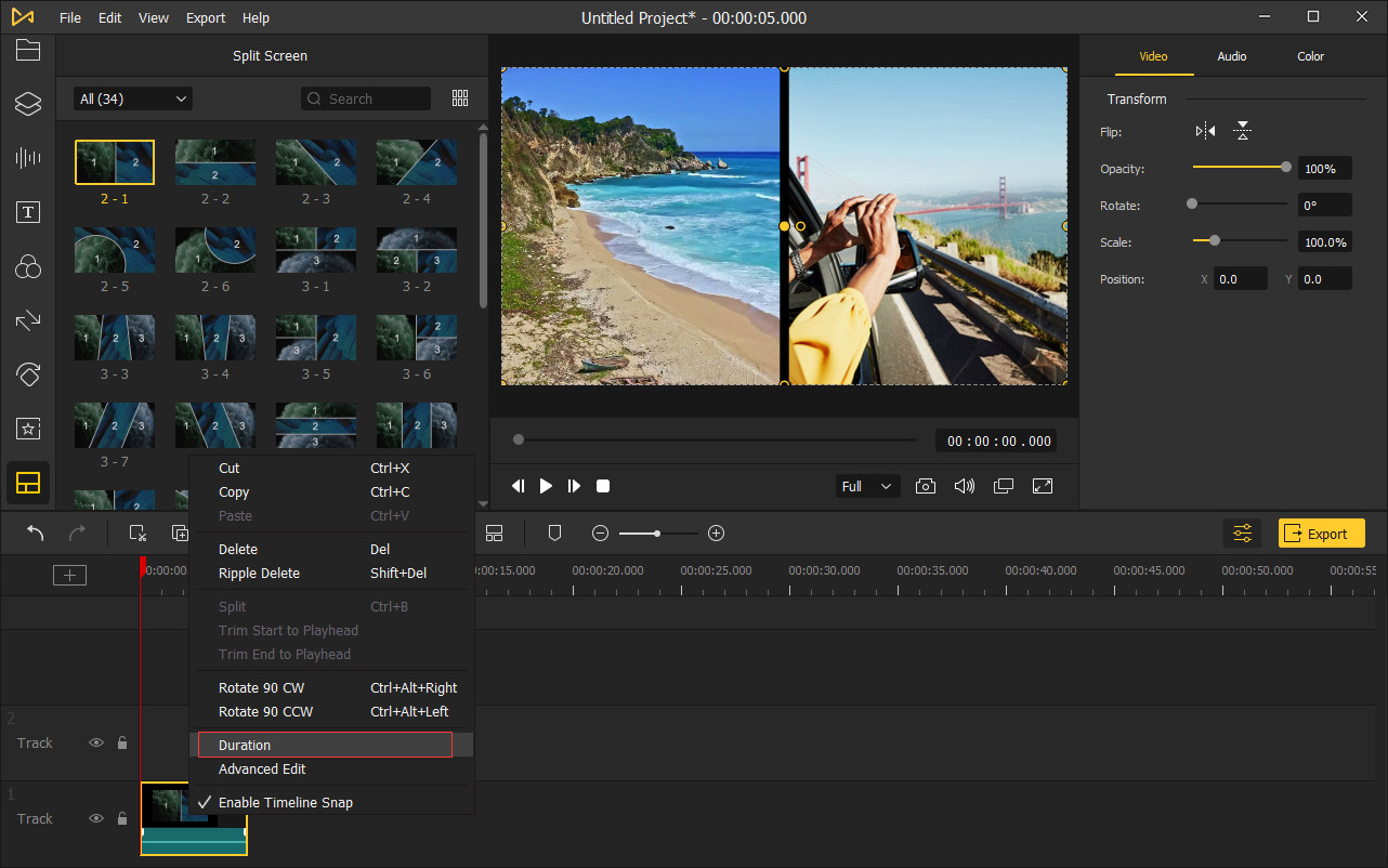 cambiar la duración de la pantalla dividida