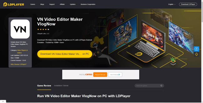 interfaz del emulador ldplayer para descargar el editor de video vn